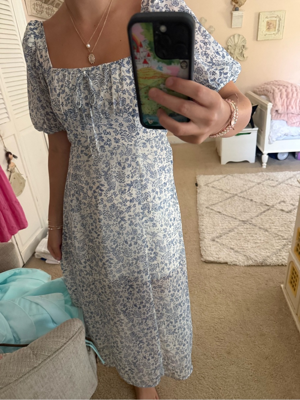 Blue Floral Square-Neck Midi Dress - Unbranded